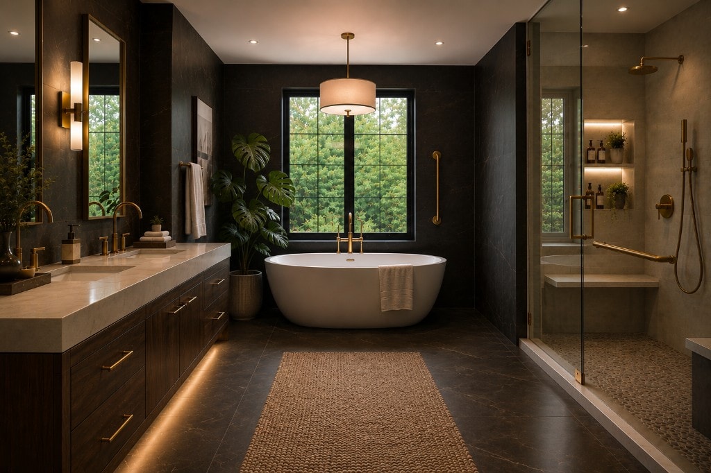 Luxury primary bath with double vanity, freestanding tub, and brushed brass fixtures with integrated grab bars